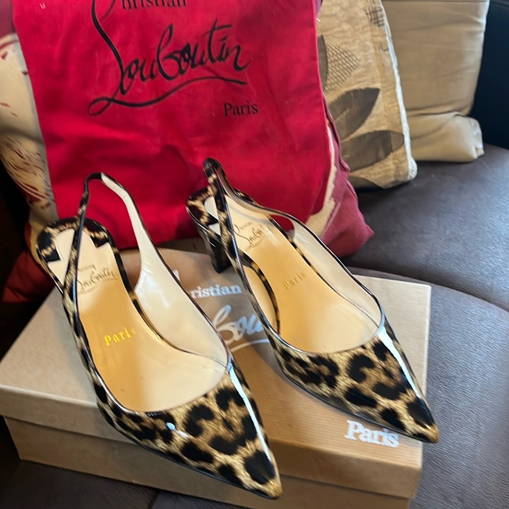 Authentic, Excellent condition, Christian Louboutin, Patent Leopard sling backs.